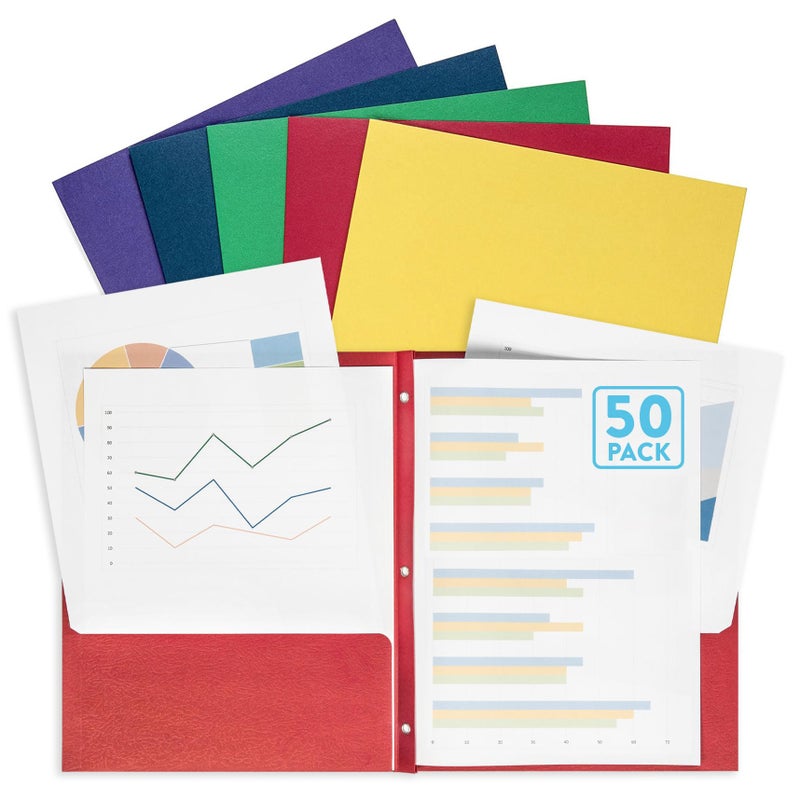 Blue Summit Supplies 50 Two Pocket Folders with Prongs Bulk, 3 Prong Folders with Pockets Bulk, Paper 2 Pocket, Designed for Office and Classroom Use, Assorted 5 Colors - Image 1